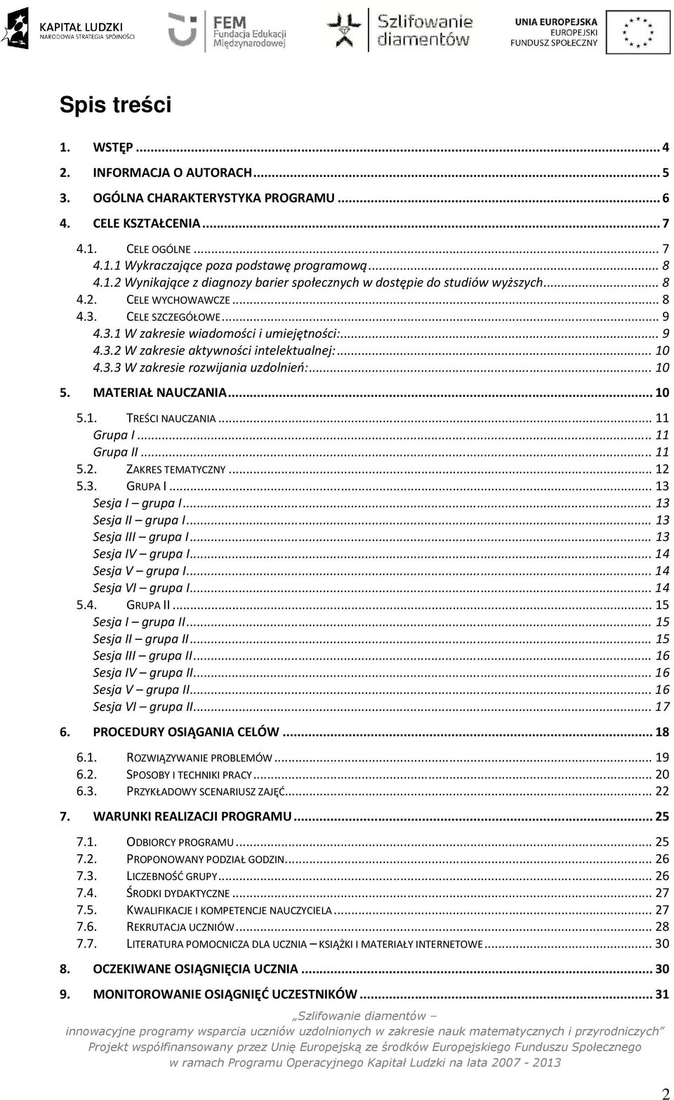 .. 10 5. MATERIAŁ NAUCZANIA... 10 5.1. TREŚCI NAUCZANIA... 11 Grupa I... 11 Grupa II... 11 5.2. ZAKRES TEMATYCZNY... 12 5.3. GRUPA I... 13 Sesja I grupa I... 13 Sesja II grupa I... 13 Sesja III grupa I.