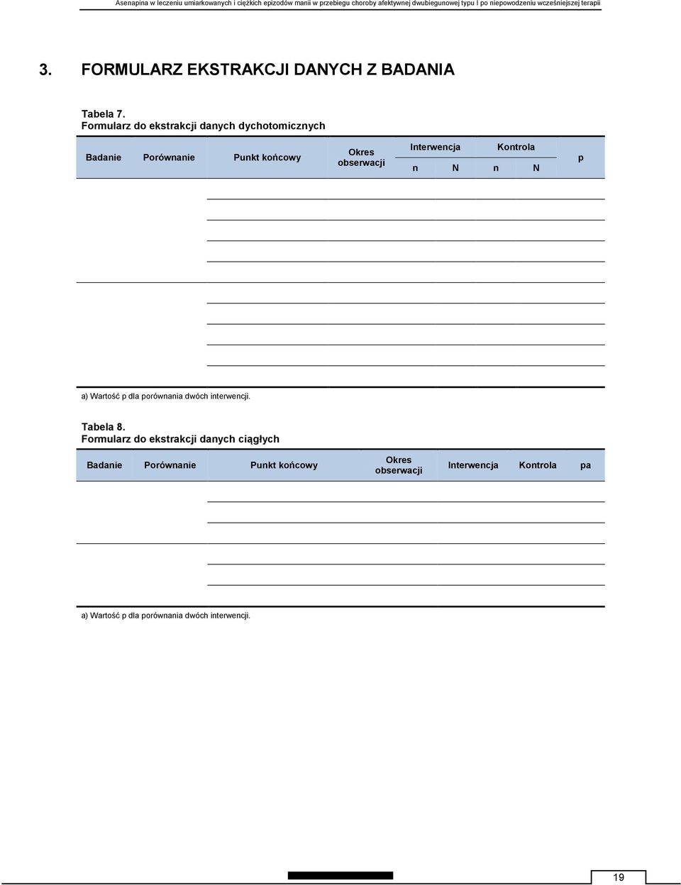 Interwencja Kontrola n N n N p a) Wartość p dla porównania dwóch interwencji. Tabela 8.