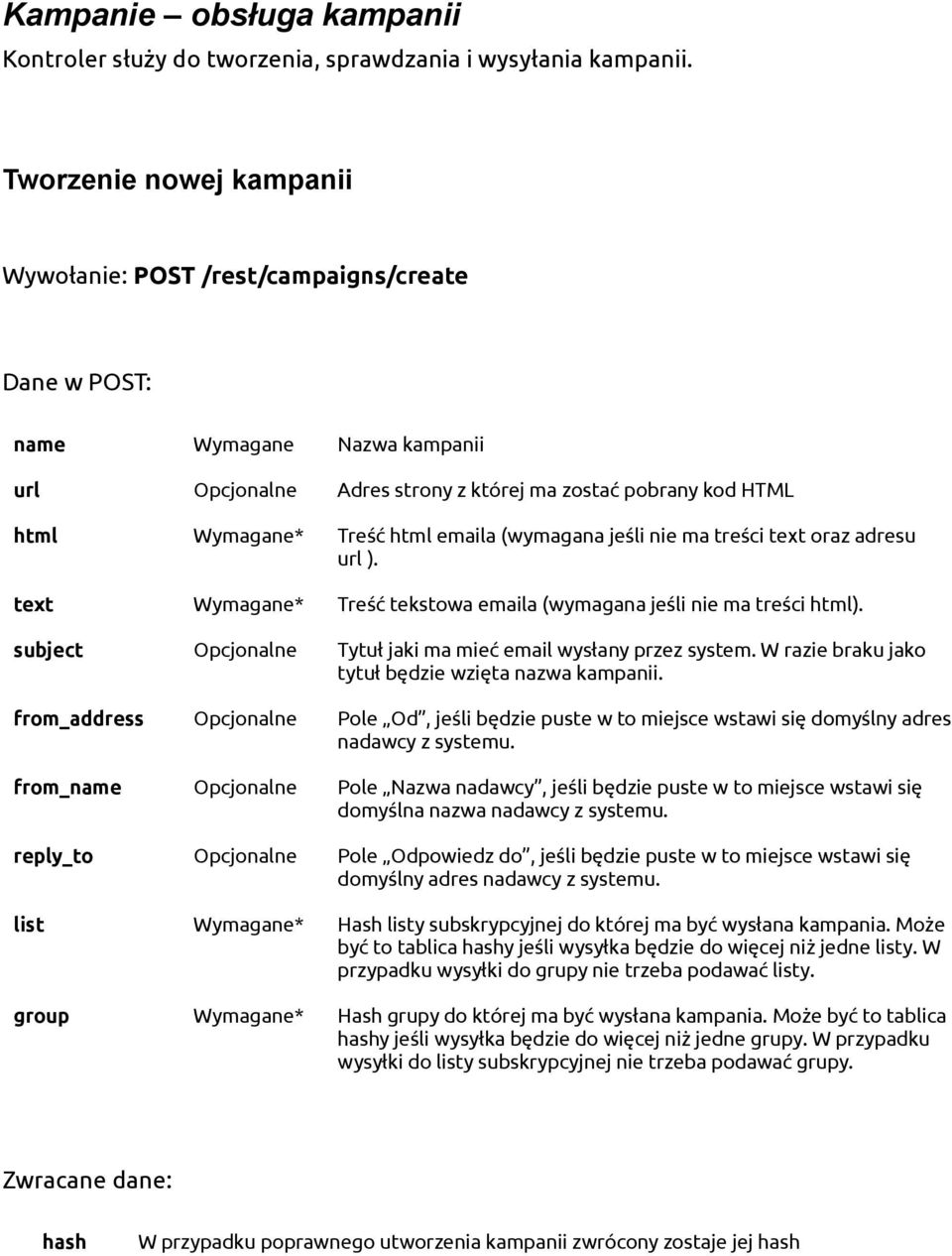 emaila (wymagana jeśli nie ma treści text oraz adresu url ). text Wymagane* Treść tekstowa emaila (wymagana jeśli nie ma treści html). subject Opcjonalne Tytuł jaki ma mieć email wysłany przez system.