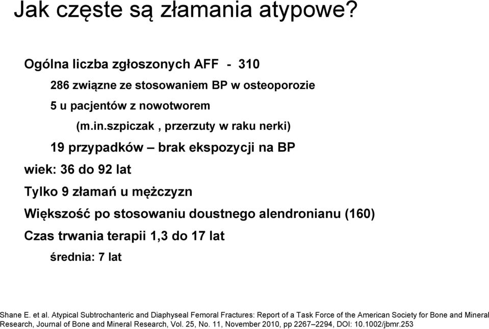 alendronianu (160) Czas trwania terapii 1,3 do 17 lat średnia: 7 lat Shane E. et al.