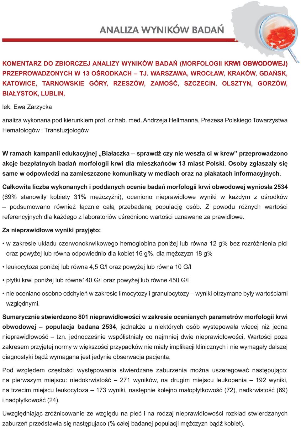 Andrzeja Hellmanna, Prezesa Polskiego Towarzystwa Hematologów i Transfuzjologów W ramach kampanii edukacyjnej Białaczka sprawdź czy nie weszła ci w krew przeprowadzono akcje bezpłatnych badań