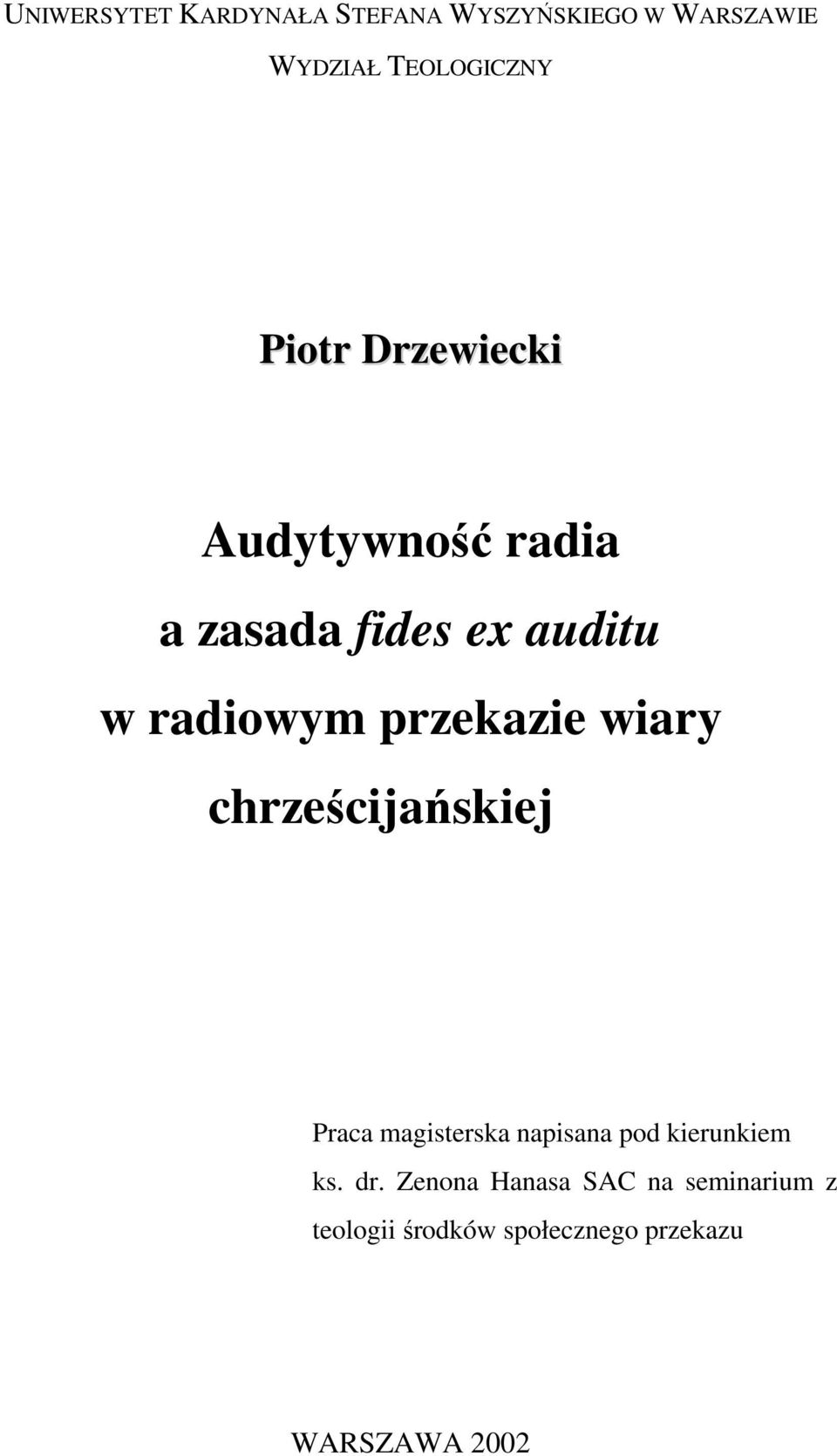 przekazie wiary chrześcijańskiej Praca magisterska napisana pod kierunkiem ks.