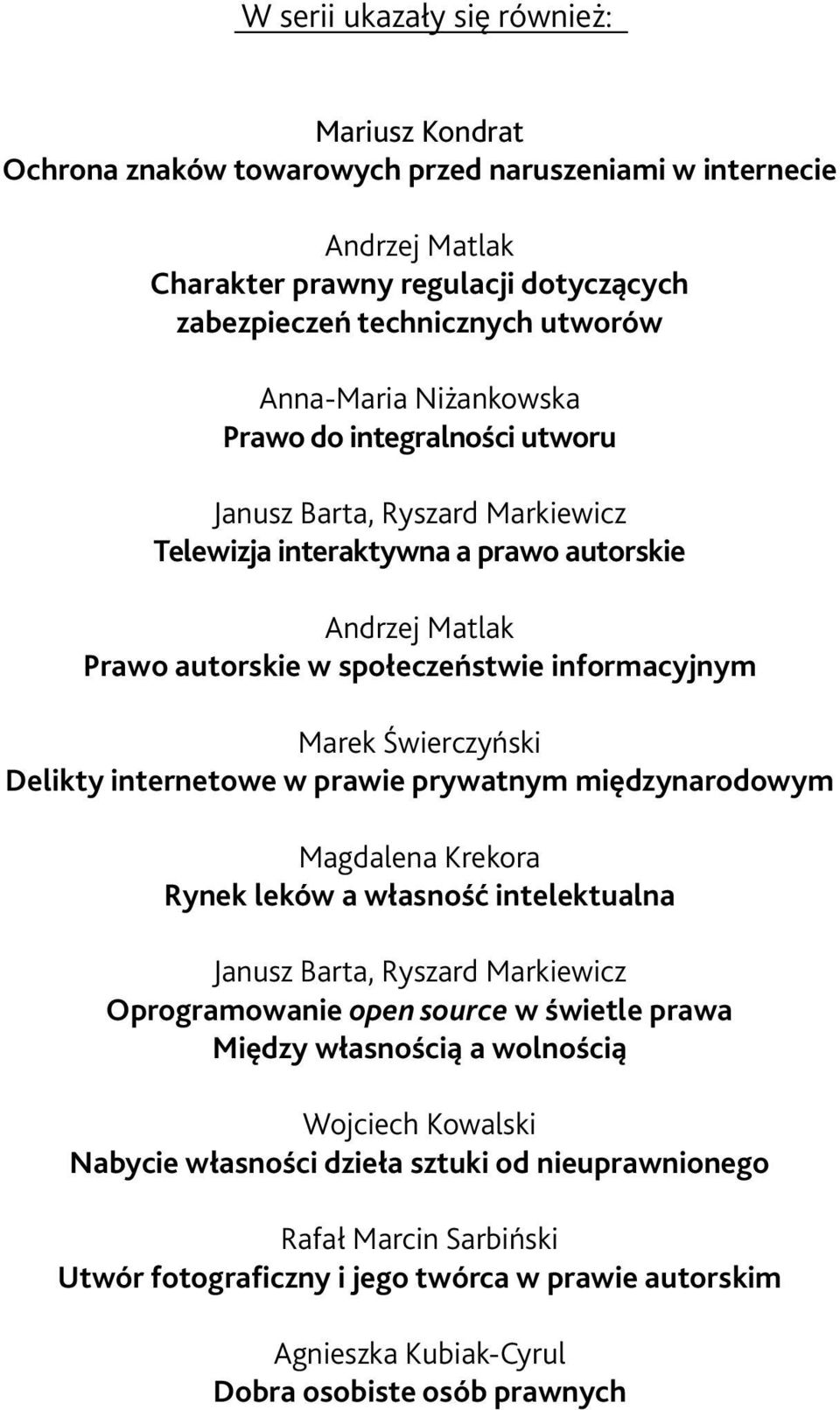 Świerczyński Delikty internetowe w prawie prywatnym międzynarodowym Magdalena Krekora Rynek leków a własność intelektualna Janusz Barta, Ryszard Markiewicz Oprogramowanie open source w świetle prawa