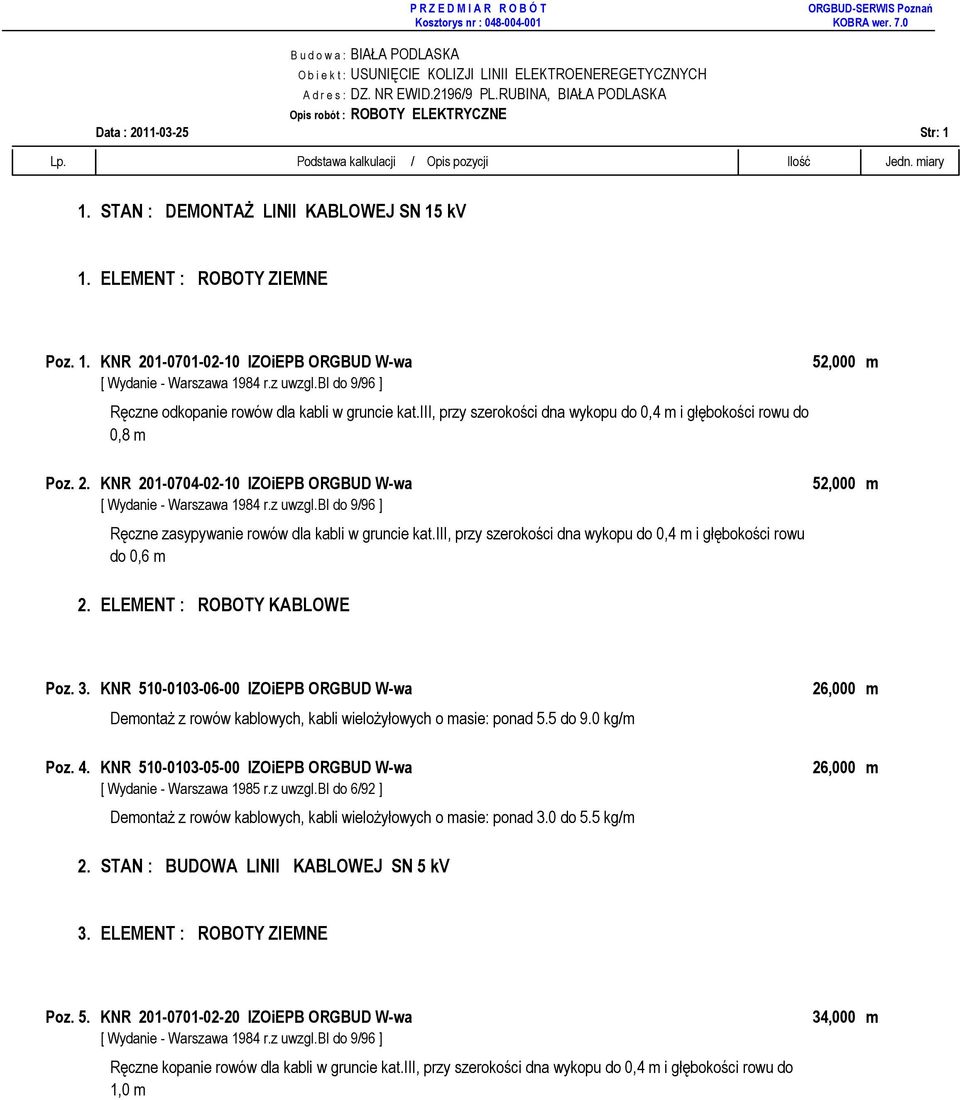 iii, przy szerokości dna wykopu do 0,4 m i głębokości rowu do 0,8 m 52,000 m Poz. 2. KNR 201-0704-02-10 IZOiEPB ORGBUD W-wa do 0,6 m 52,000 m 2. ELEMENT : ROBOTY KABLOWE Poz. 3.