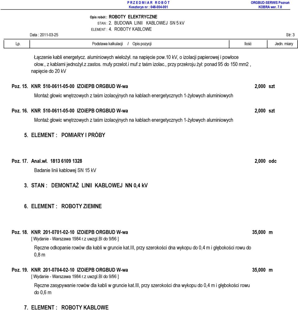mm2, napięcie do 20 kv Poz. 15. KNR 510-0611-05-00 IZOiEPB ORGBUD W-wa MontaŜ głowic wnętrzowych z taśm izolacyjnych na kablach energetycznych 1-Ŝyłowych aluminiowych Poz. 16.