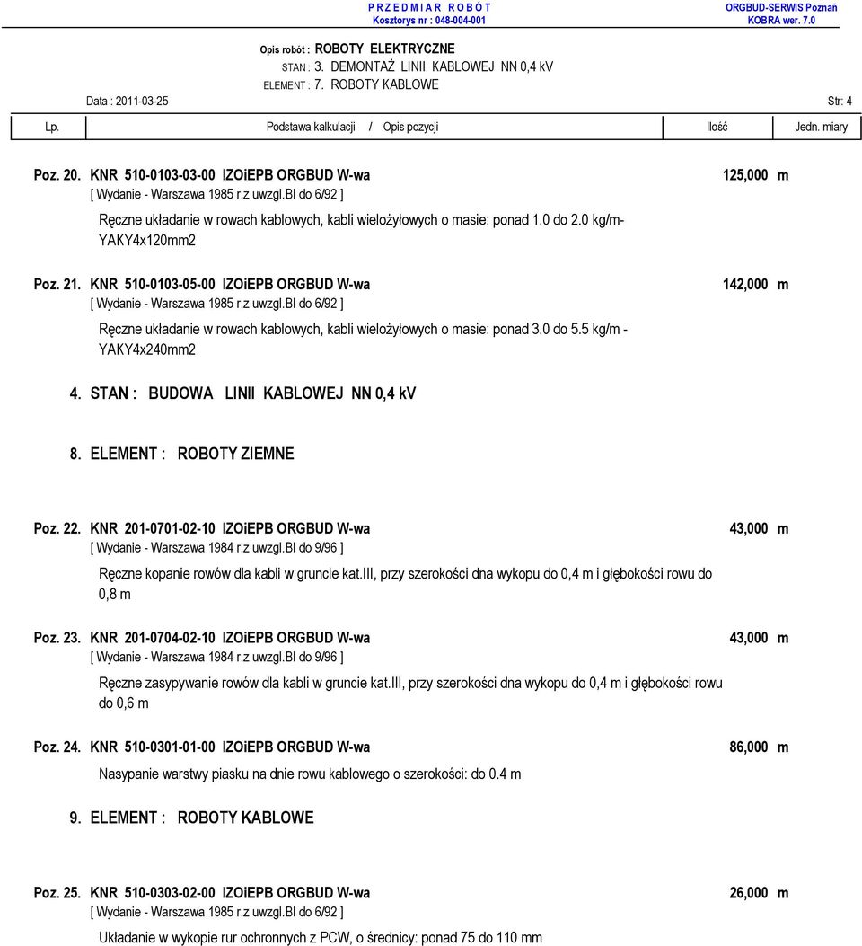5 kg/m - YAKY4x240mm2 125,000 m 142,000 m 4. STAN : BUDOWA LINII KABLOWEJ NN 0,4 kv 8. ELEMENT : ROBOTY ZIEMNE Poz. 22.