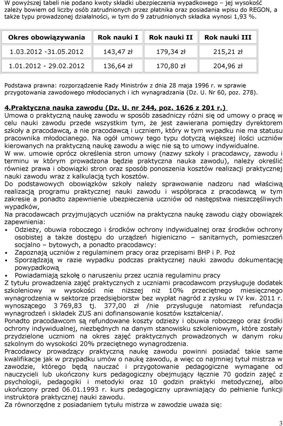 2012 136,64 zł 170,80 zł 204,96 zł Podstawa prawna: rozporządzenie Rady Ministrów z dnia 28 maja 1996 r. w sprawie przygotowania zawodowego młodocianych i ich wynagradzania (Dz. U. Nr 60, poz. 278).