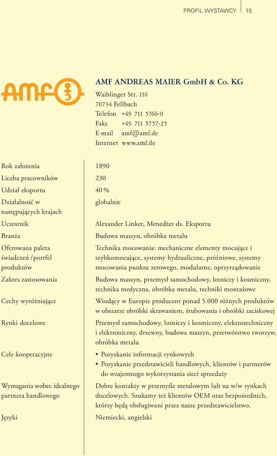 Cechy wyróżniające Rynki docelowe Cele kooperacyjne Wymagania wobec idealnego partnera handlowego Języki 1890 230 40 % globalnie Alexander Linker, Menedżer ds.