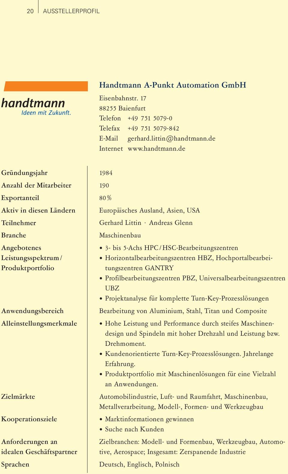 de Gründungsjahr Anzahl der Mitarbeiter Exportanteil Aktiv in diesen Ländern Teilnehmer Branche Angebotenes Leistungsspektrum / Produktportfolio Anwendungsbereich Alleinstellungsmerkmale Zielmärkte