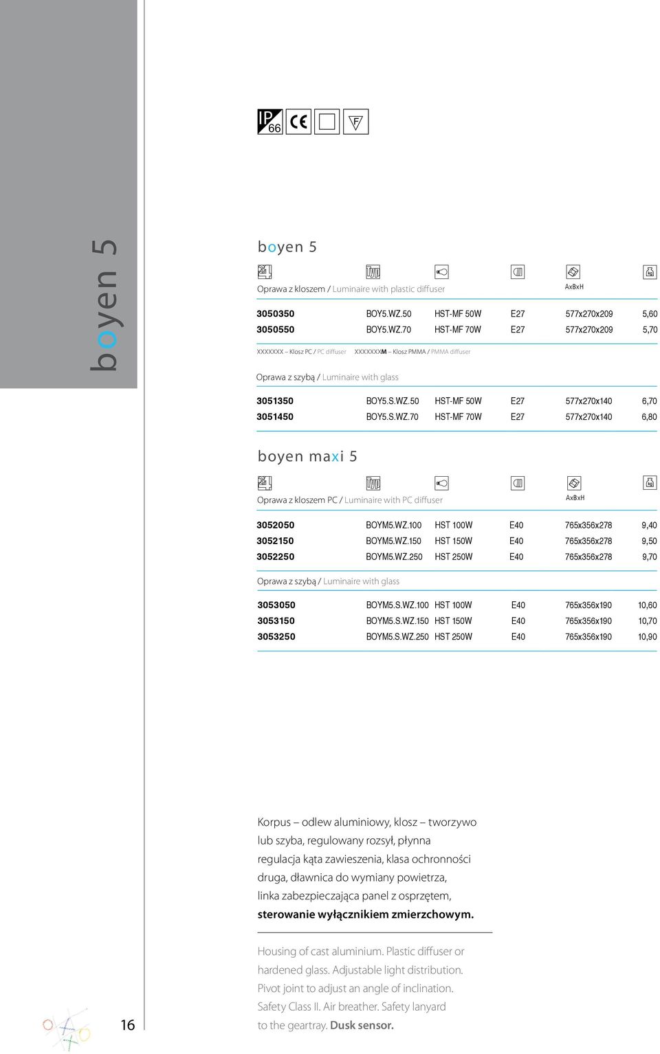 WZ.0 765x356x278 9,40 3052150 BOYM5.WZ.150 765x356x278 9,50 3052250 BOYM5.WZ.250 HST 250W 765x356x278 9,70 Oprawa z szybą / Luminaire with glass 3053050 BOYM5.S.WZ.0 765x356x190,60 3053150 BOYM5.S.WZ.150 765x356x190,70 3053250 BOYM5.