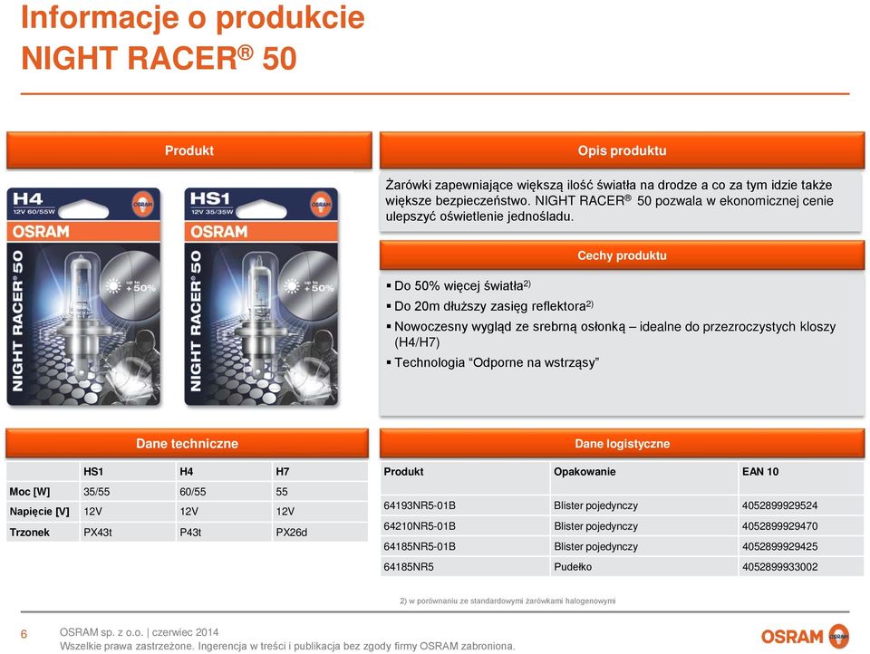 Cechy produktu Do 50% więcej światła 2) Do 20m dłuższy zasięg reflektora 2) Nowoczesny wygląd ze srebrną osłonką idealne do przezroczystych kloszy (H4/H7) Technologia Odporne na wstrząsy Dane