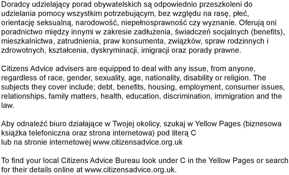 Oferują oni poradnictwo między innymi w zakresie zadłużenia, świadczeń socjalnych (benefits), mieszkalnictwa, zatrudnienia, praw konsumenta, związków, spraw rodzinnych i zdrowotnych, kształcenia,