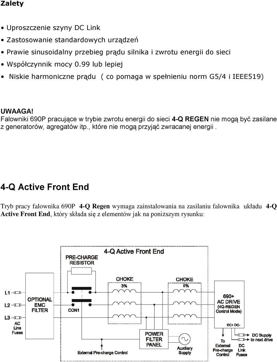 Falowniki 690P pracujące w trybie zwrotu energii do sieci 4-Q REGEN nie mogą być zasilane z generatorów, agregatów itp.