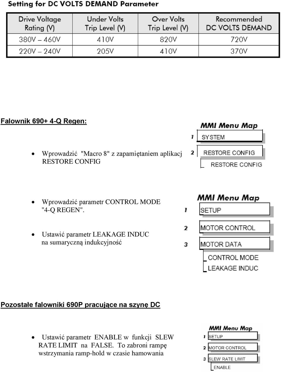 Ustawić parametr LEAKAGE INDUC na sumaryczną indukcyjność Pozostałe falowniki 690P