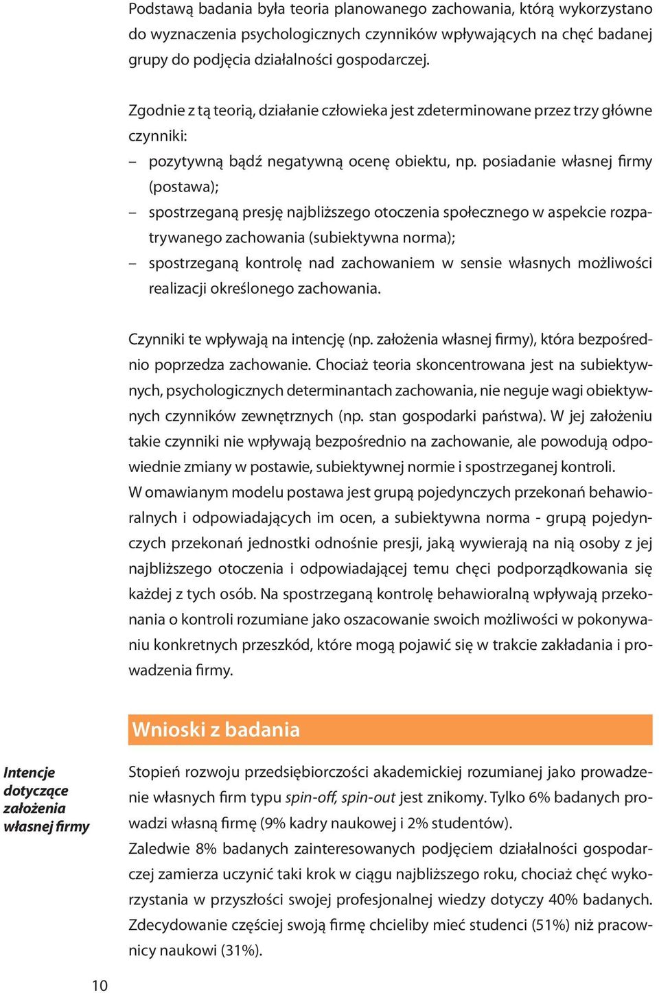 posiadanie własnej firmy (postawa); spostrzeganą presję najbliższego otoczenia społecznego w aspekcie rozpatrywanego zachowania (subiektywna norma); spostrzeganą kontrolę nad zachowaniem w sensie