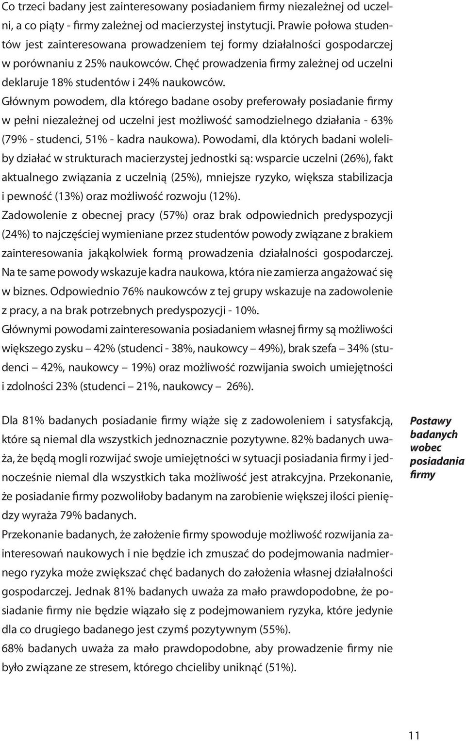 Chęć prowadzenia firmy zależnej od uczelni deklaruje 18% studentów i 24% naukowców.