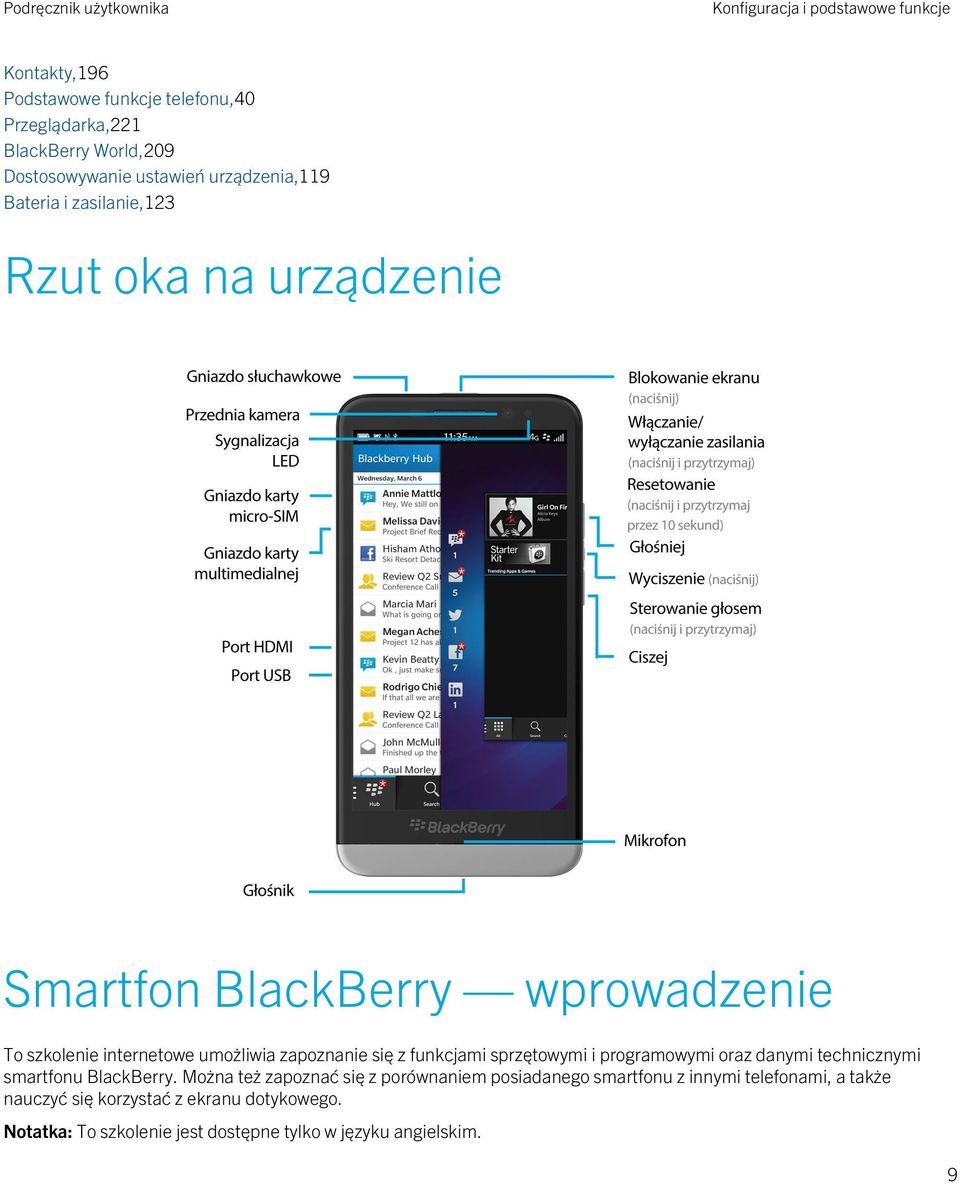 się z funkcjami sprzętowymi i programowymi oraz danymi technicznymi smartfonu BlackBerry.