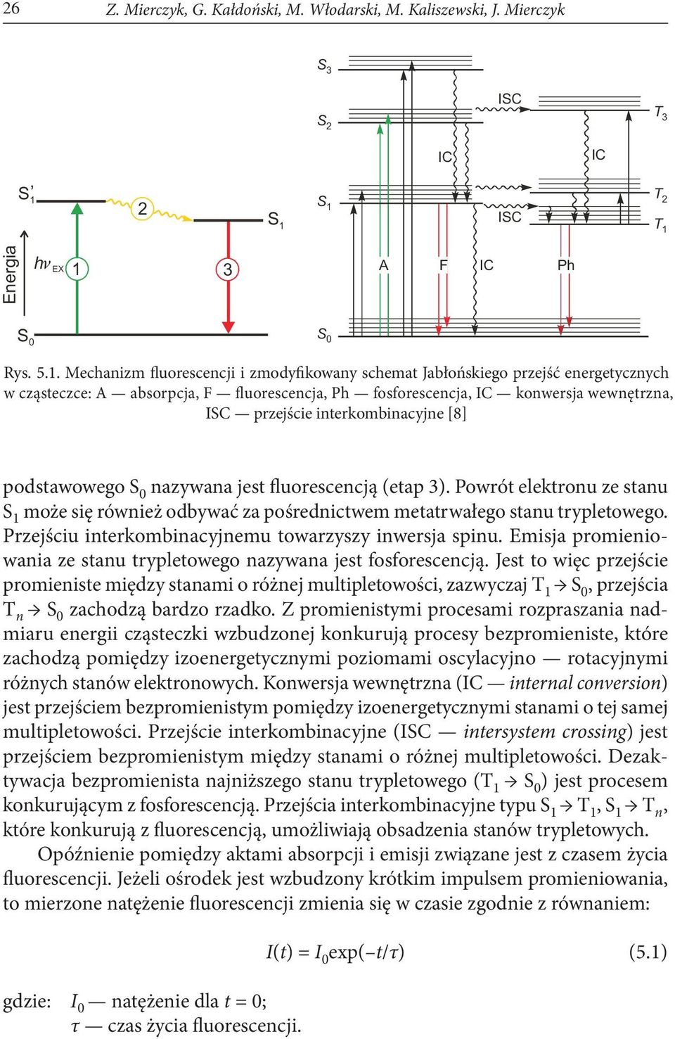 S 1 ISC T 2 T 1 Energia h EX 1 3 A F IC Ph S S Rys. 5.1. Mechanizm fluorescencji i zmodyfikowany schemat Jabłońskiego przejść energetycznych w cząsteczce: A absorpcja, F fluorescencja, Ph