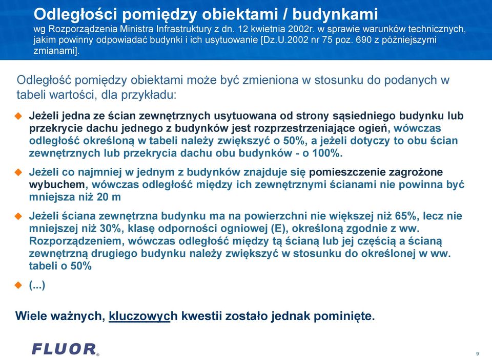 Odległość pomiędzy obiektami może być zmieniona w stosunku do podanych w tabeli wartości, dla przykładu: Jeżeli jedna ze ścian zewnętrznych usytuowana od strony sąsiedniego budynku lub przekrycie