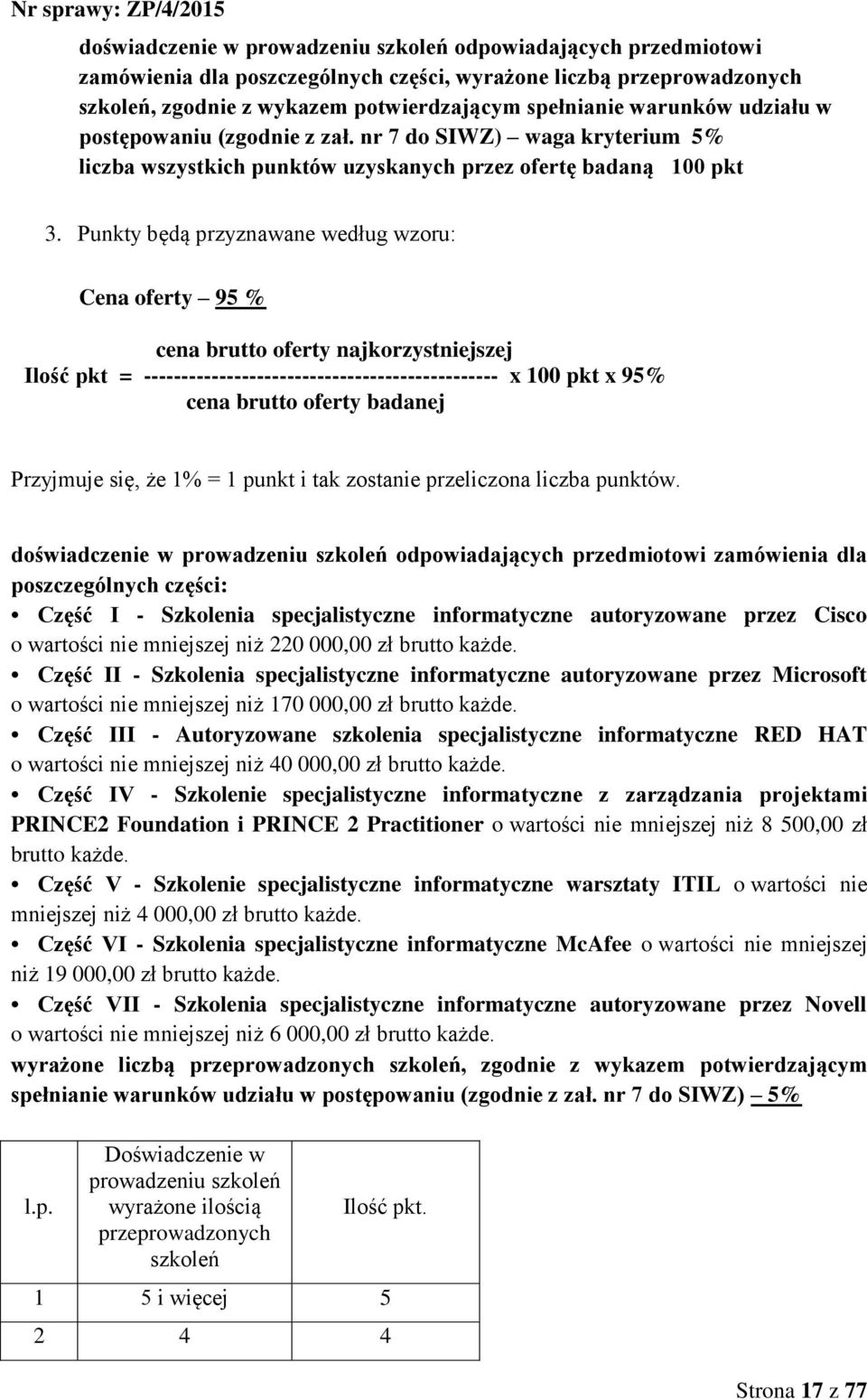 Punkty będą przyznawane według wzoru: Cena oferty 95 % cena brutto oferty najkorzystniejszej Ilość pkt = ----------------------------------------------- x 100 pkt x 95% cena brutto oferty badanej