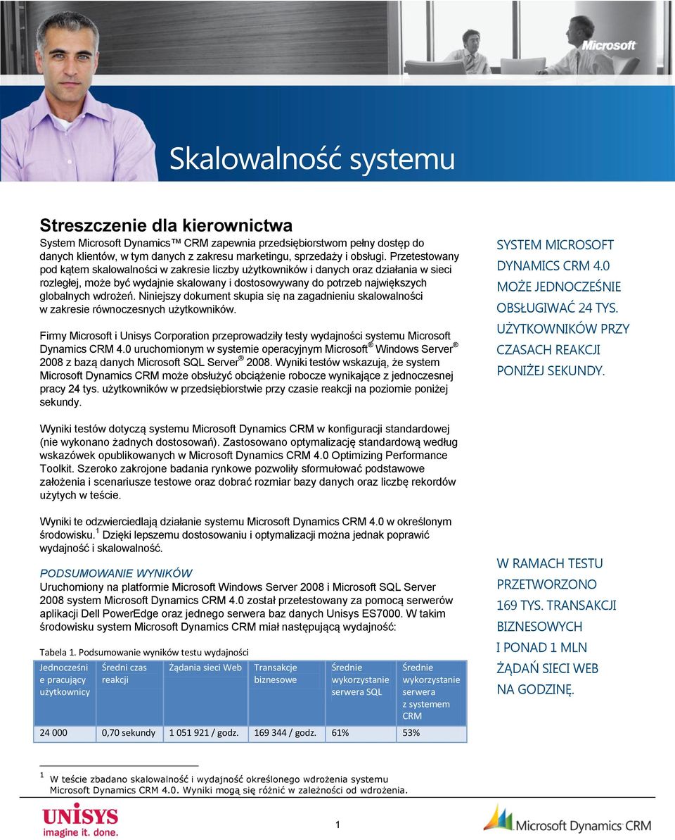 Niniejszy dokument skupia się na zagadnieniu skalowalności w zakresie równoczesnych użytkowników. Firmy Microsoft i Unisys Corporation przeprowadziły testy wydajności systemu Microsoft Dynamics CRM 4.