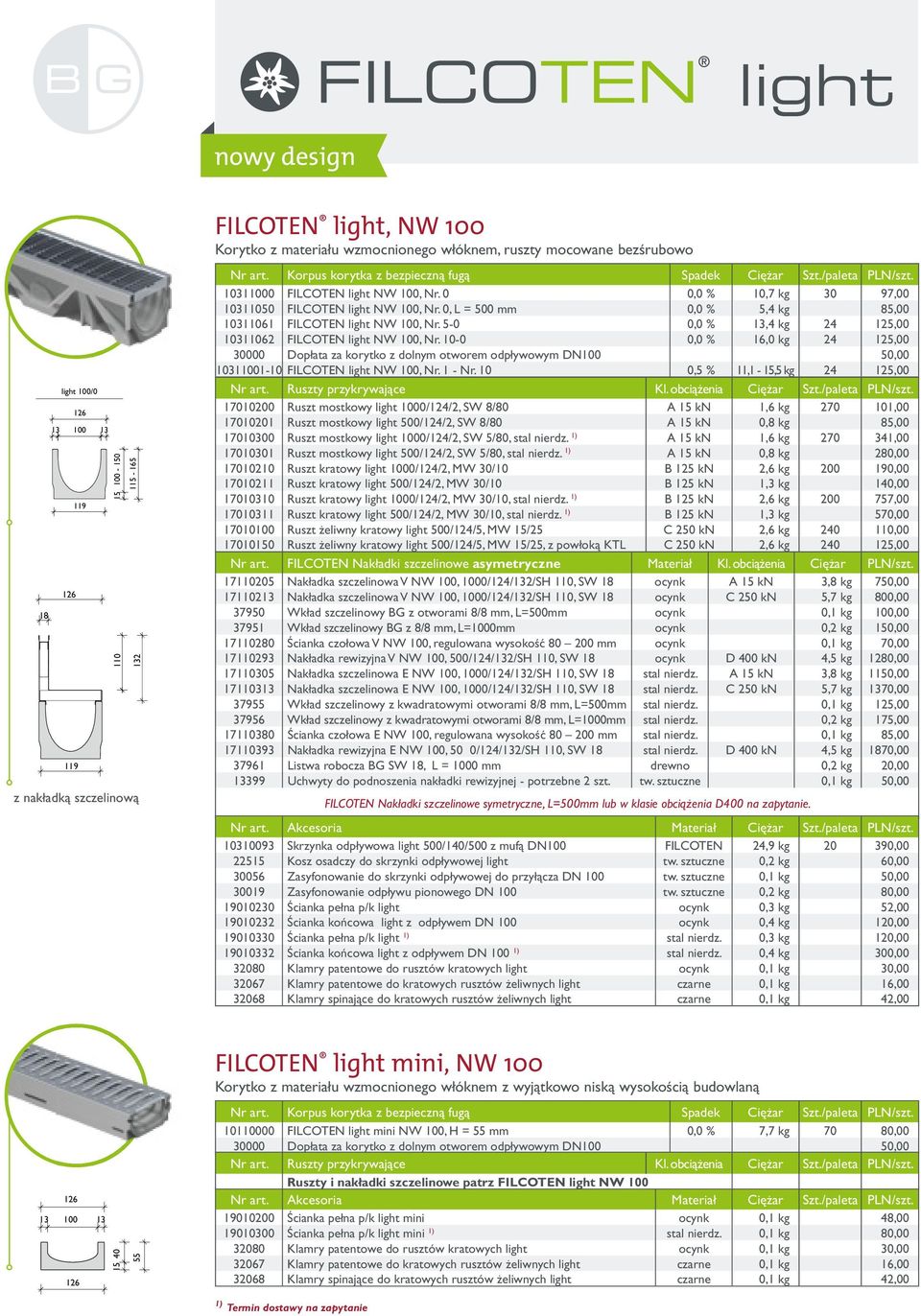 kg 24 125,00 10311062 FILCOTEN light NW 100, Nr 10-0 0,0 % 16,0 kg 24 125,00 30000 Dopłata za korytko z dolnym otworem odpływowym DN100 50,00 10311001-10 FILCOTEN light NW 100, Nr 1 - Nr 10 0,5 %