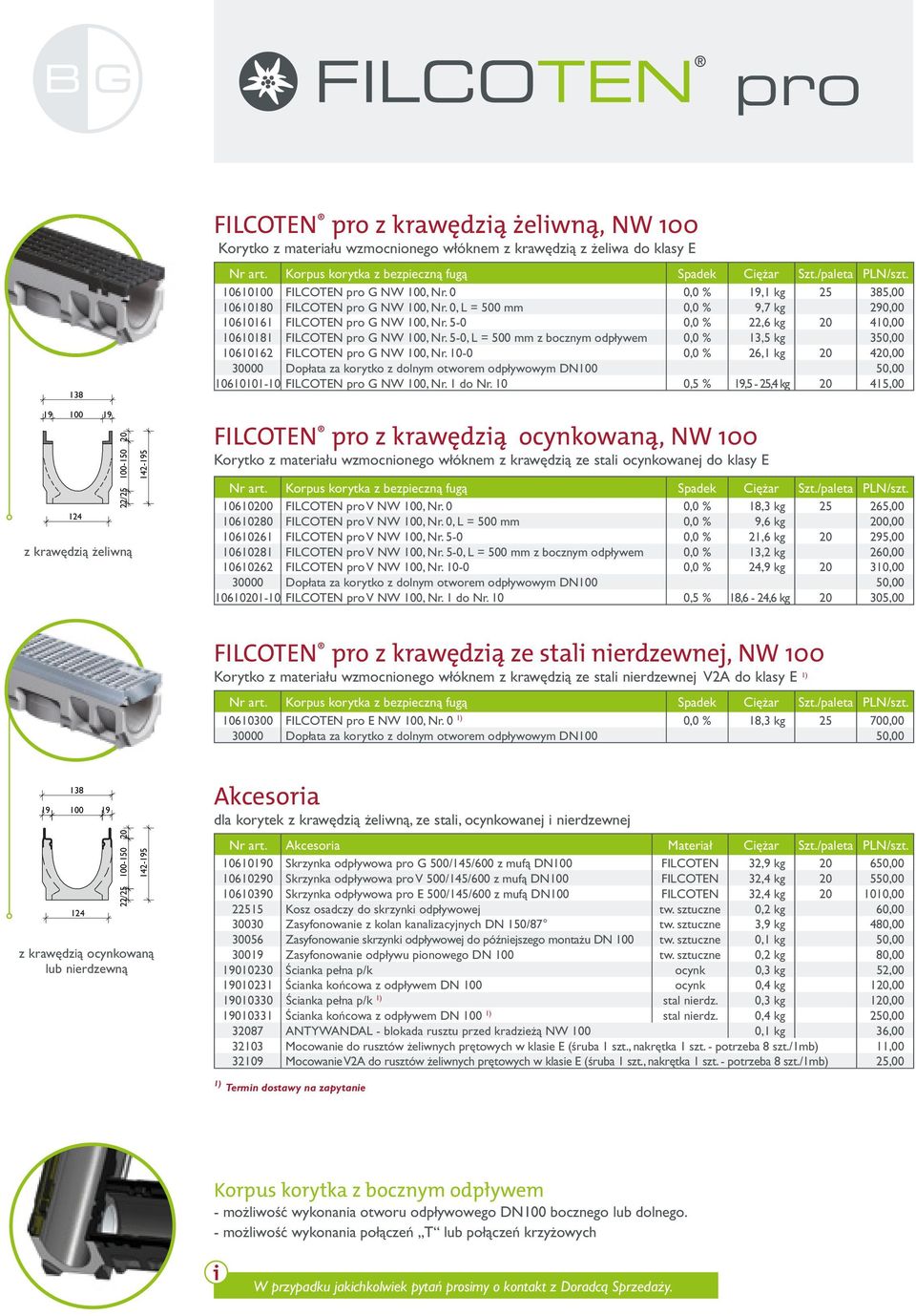 NW 100, Nr 5-0, L = 500 mm z bocznym odpływem 0,0 % 13,5 kg 350,00 10610162 FILCOTEN pro G NW 100, Nr 10-0 0,0 % 26,1 kg 20 420,00 30000 Dopłata za korytko z dolnym otworem odpływowym DN100 50,00