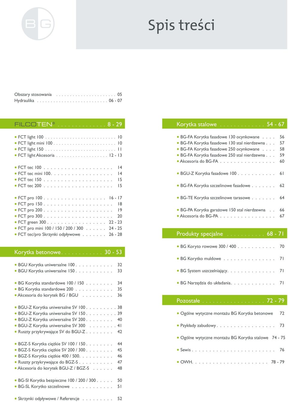 22-23 FCT pro mini 100 / 150 / 200 / 300 24-25 FCT tec/pro Skrzynki odpływowe 26-28 Korytka betonowe 30-53 BGU Korytka uniwersalne 100 32 BGU Korytka uniwersalne 150 33 BG Korytka standardowe 100 /
