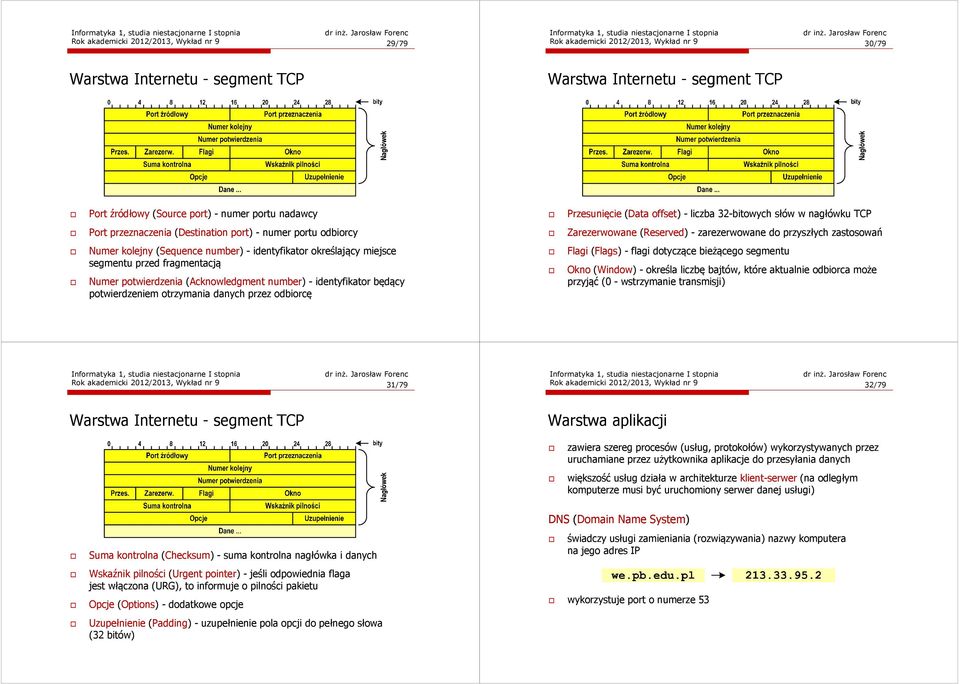 przyszłych zastosowań Numer kolejny (Sequence number) - identyfikator określający miejsce segmentu przed fragmentacją Numer potwierdzenia (Acknowledgment number) - identyfikator będący potwierdzeniem