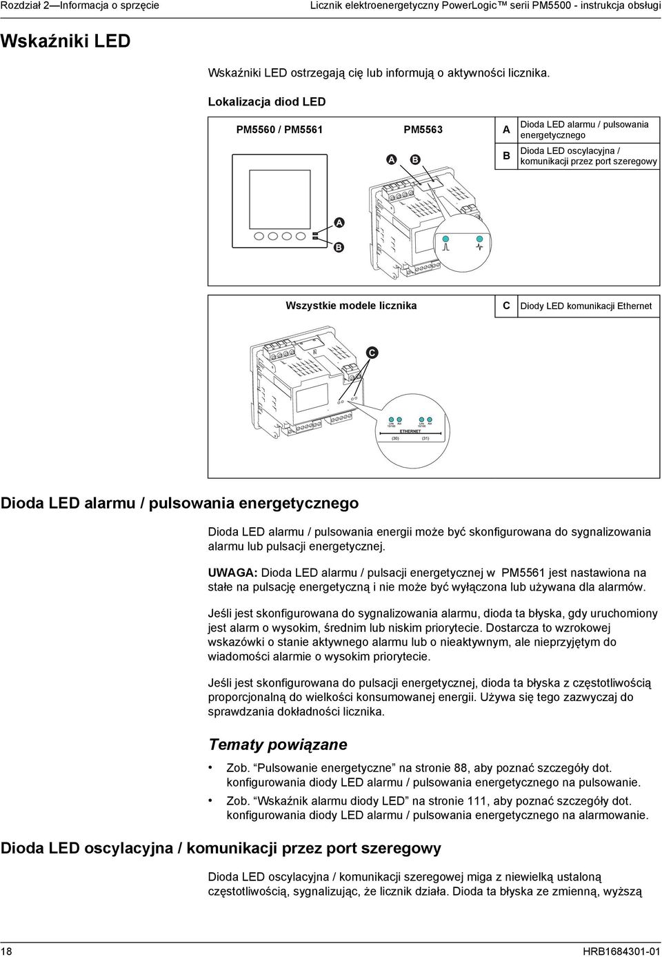 Ethernet C Dioda LED alarmu / pulsowania energetycznego Dioda LED alarmu / pulsowania energii może być skonfigurowana do sygnalizowania alarmu lub pulsacji energetycznej.