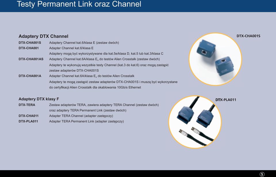 6a/klasa E do testów Alien Crosstalk (zestaw dwóch) A Adaptery te wykonują wszystkie testy Channel (kat.3 do kat.6) oraz mogą zastąpić zestaw adapterów DTX-CHA001S Adapter Channel kat.