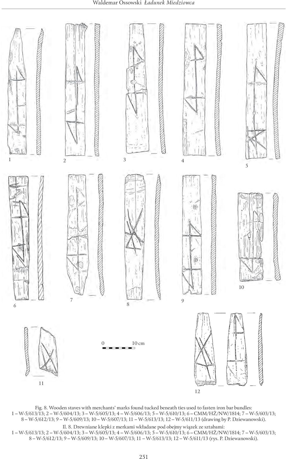 Wooden staves with merchants marks found tucked beneath ties used to fasten iron bar bundles: 1 W-5/613/13; 2 W-5/604/13; 3 W-5/605/13; 4 W-5/606/13; 5 W-5/610/13;