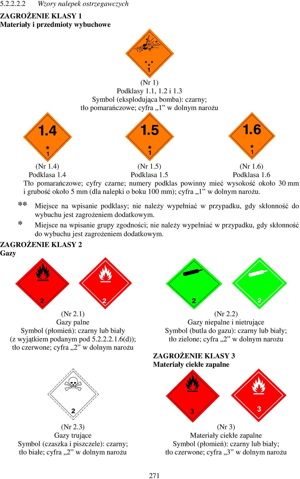 6 Tło pomarańczowe; cyfry czarne; numery podklas powinny mieć wysokość około 30 mm i grubość około 5 mm (dla nalepki o boku 100 mm); cyfra 1 w dolnym narożu.