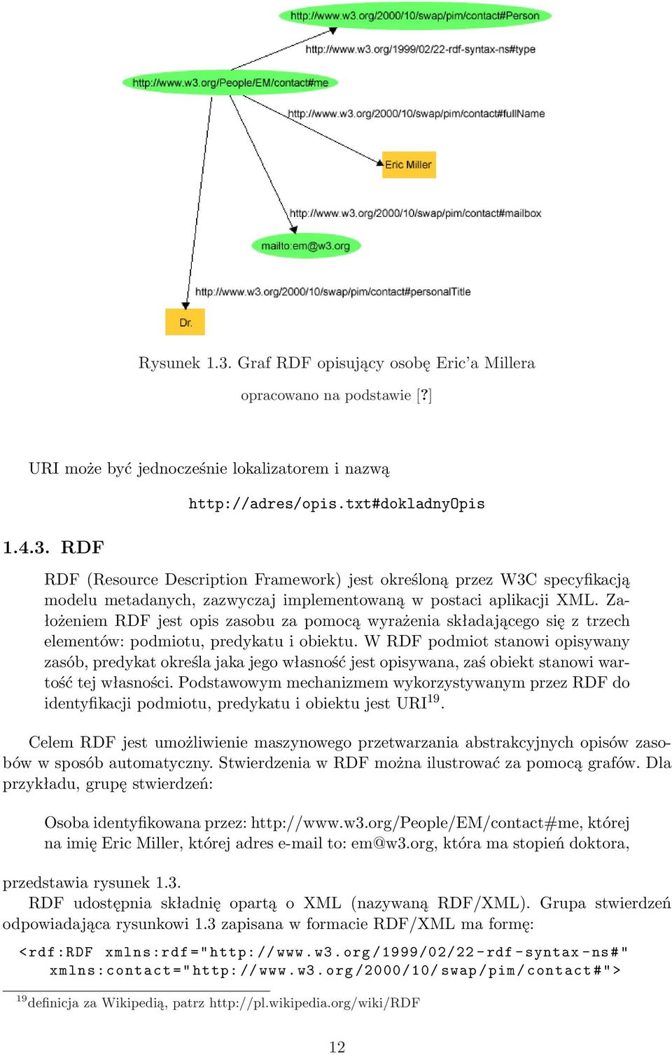 Założeniem RDF jest opis zasobu za pomocą wyrażenia składającego się z trzech elementów: podmiotu, predykatu i obiektu.