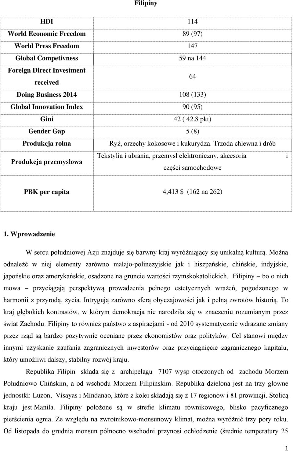 Trzoda chlewna i drób Produkcja przemysłowa Tekstylia i ubrania, przemysł elektroniczny, akcesoria części samochodowe i PBK per capita 4,413 $ (162 na 262) 1.