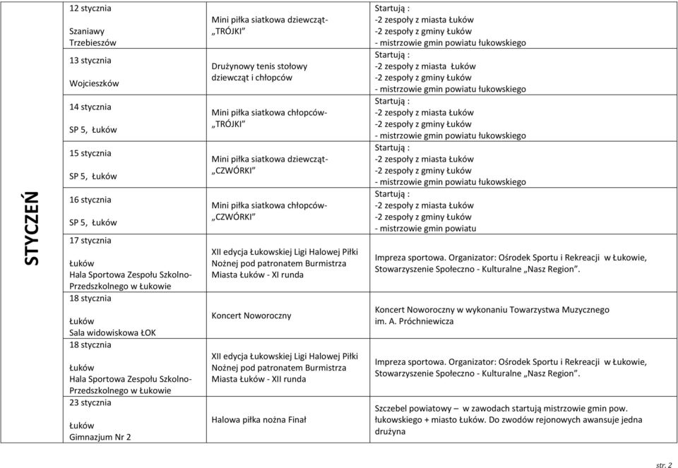 CZWÓRKI XII edycja Łukowskiej Ligi Halowej Piłki Miasta - XI runda Koncert Noworoczny XII edycja Łukowskiej Ligi Halowej Piłki Miasta - XII runda Halowa piłka nożna Finał Startują : -2 zespoły z