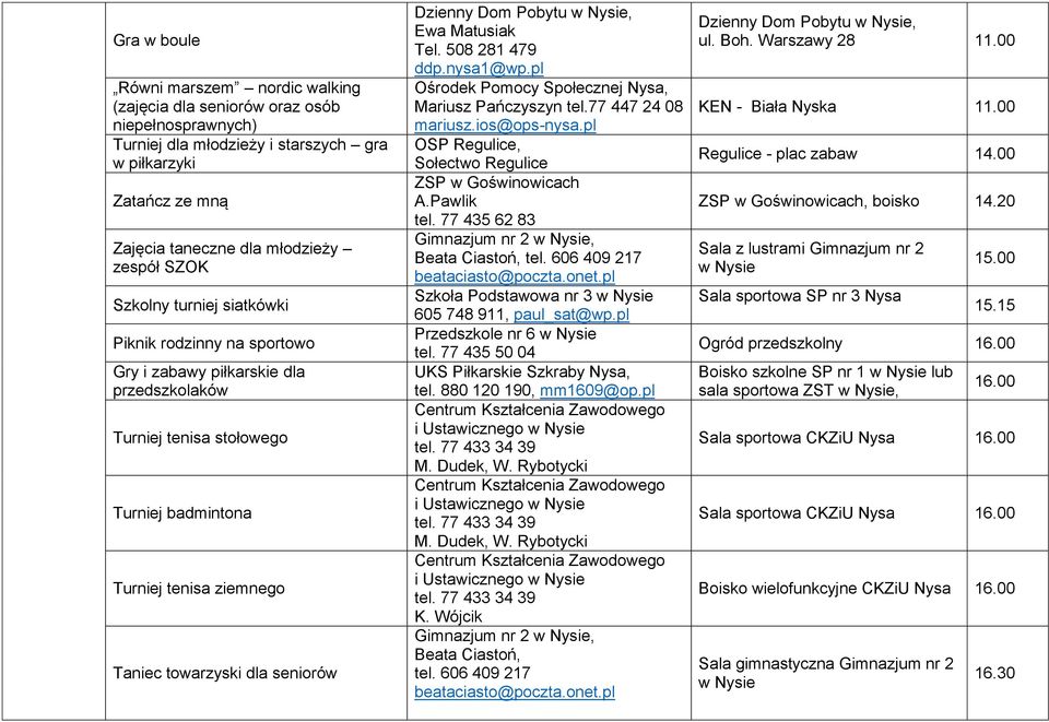 seniorów Dzienny Dom Pobytu, Ewa Matusiak Tel. 508 281 479 ddp.nysa1@wp.pl Ośrodek Pomocy Społecznej Nysa, Mariusz Pańczyszyn tel.77 447 24 08 mariusz.ios@ops-nysa.