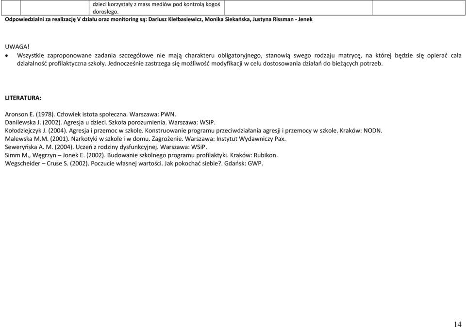 Jednocześnie zastrzega się możliwość modyfikacji w celu dostosowania działań do bieżących potrzeb. LITERATURA: Aronson E. (1978). Człowiek istota społeczna. Warszawa: PWN. Danilewska J. (2002).