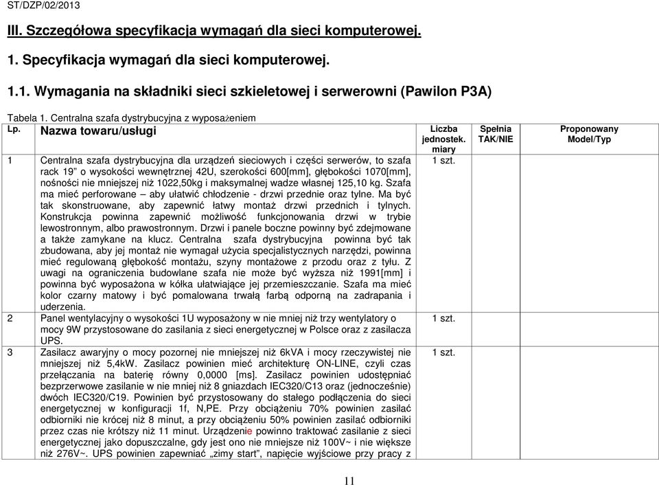 1 Centralna szafa dystrybucyjna dla urządzeń sieciowych i części serwerów, to szafa rack 19 o wysokości wewnętrznej 42U, szerokości 600[mm], głębokości 1070[mm], nośności nie mniejszej niż 1022,50kg