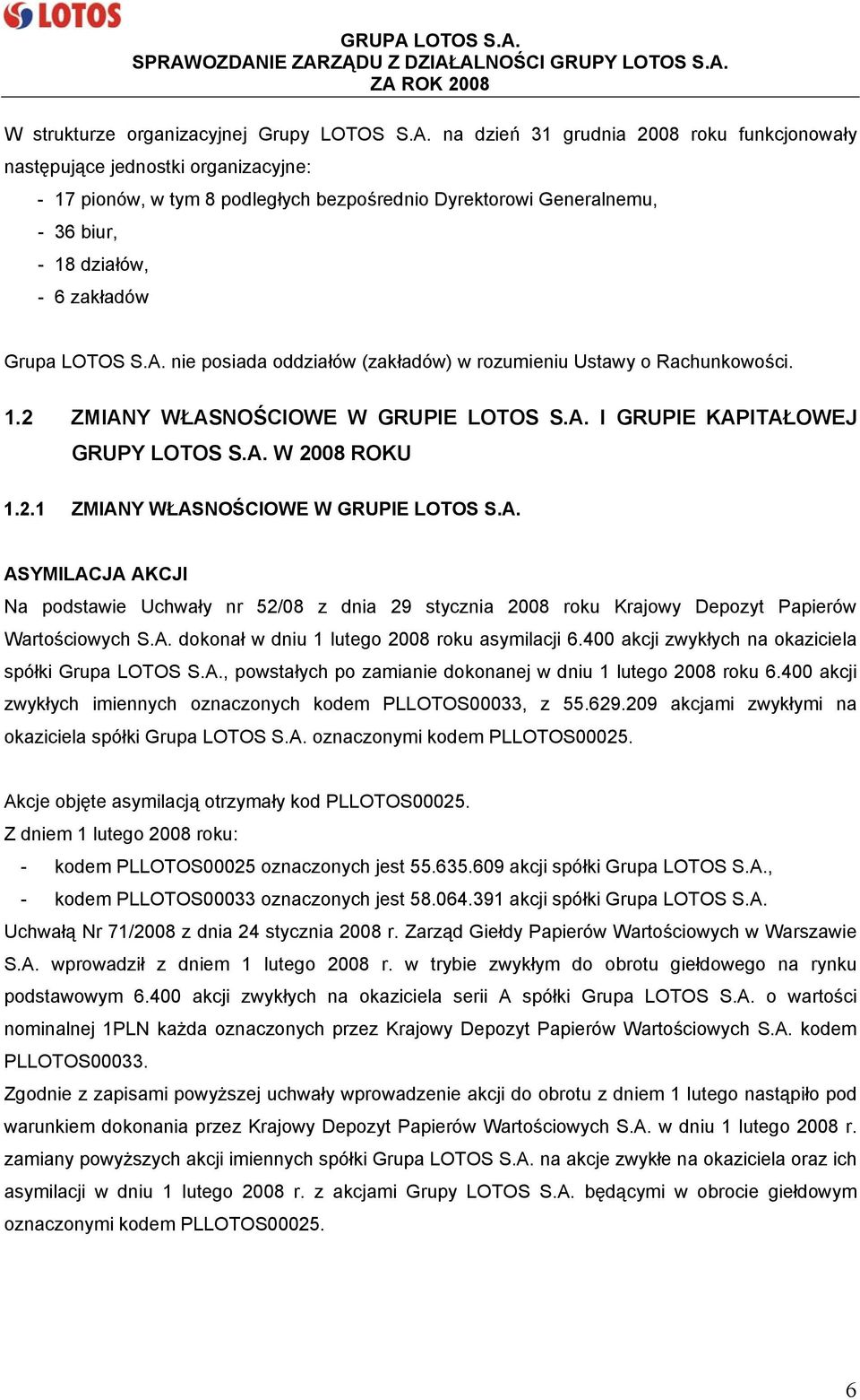 LOTOS S.A. nie posiada oddziałów (zakładów) w rozumieniu Ustawy o Rachunkowości. 1.2 ZMIANY WŁASNOŚCIOWE W GRUPIE LOTOS S.A. I GRUPIE KAPITAŁOWEJ GRUPY LOTOS S.A. W 2008 ROKU 1.2.1 ZMIANY WŁASNOŚCIOWE W GRUPIE LOTOS S.