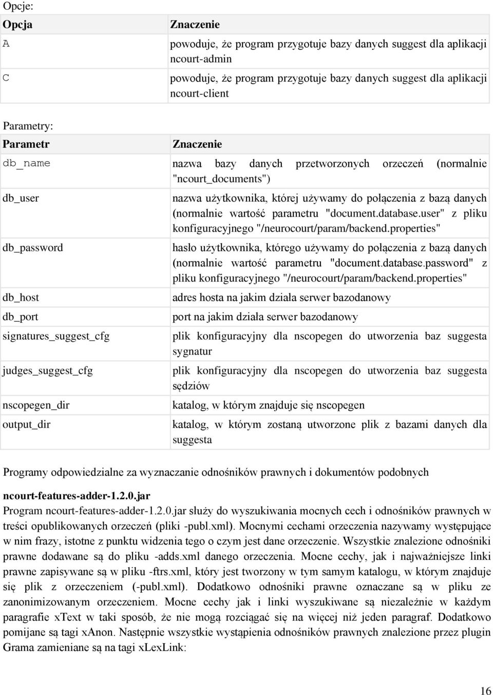 output_dir nazwa użytkownika, której używamy do połączenia z bazą danych (normalnie wartość parametru "document.database.user" z pliku konfiguracyjnego "/neurocourt/param/backend.