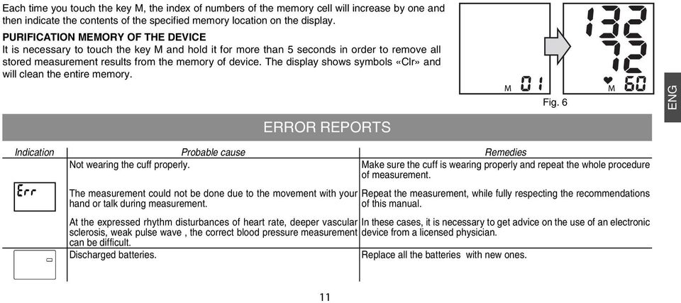 The display shows symbols «Clr» and will clean the entire memory. Fig. 6 ENG ERROR REPORTS Indication Probable cause Remedies Not wearing the cuff properly.