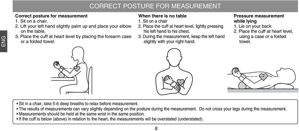 During the measurement, keep the left hand slightly with your right hand. Pressure measurement while lying 1. Lie on your back 2. Place the cuff at heart level, using a case or a folded towel.