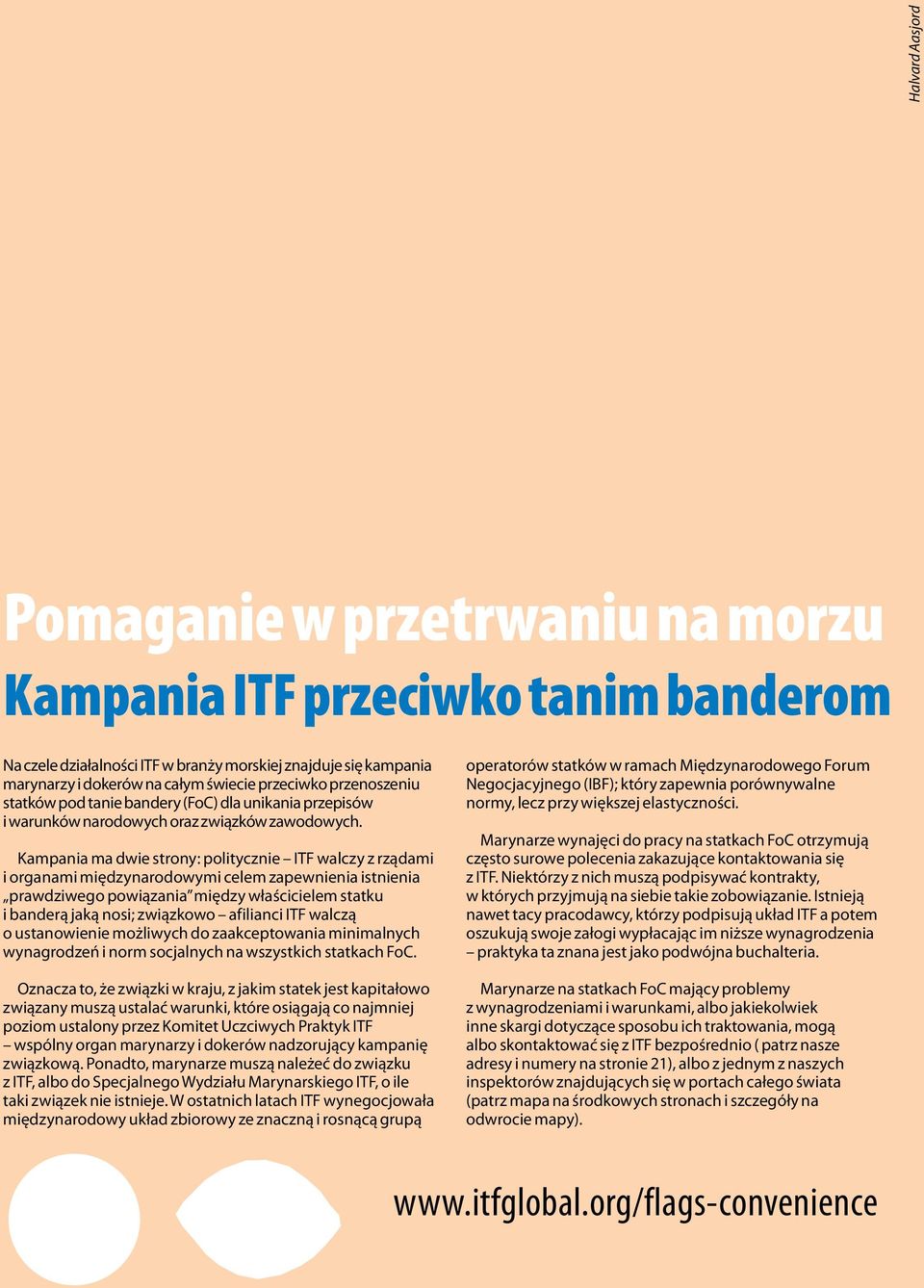 Kampania ma dwie strony: politycznie ITF walczy z rządami i organami międzynarodowymi celem zapewnienia istnienia prawdziwego powiązania między właścicielem statku i banderą jaką nosi; związkowo