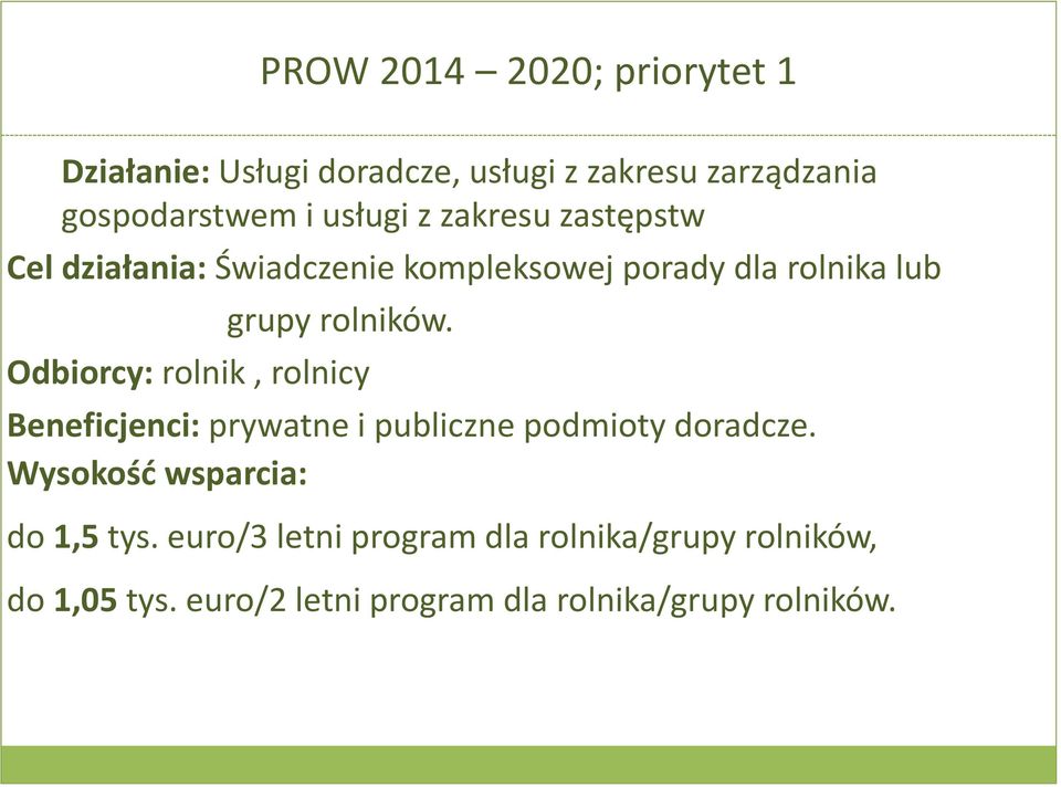 Odbiorcy: rolnik, rolnicy Beneficjenci: prywatne i publiczne podmioty doradcze.