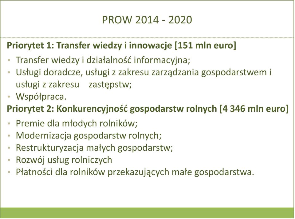 Priorytet 2: Konkurencyjność gospodarstw rolnych [4 346 mln euro] Premie dla młodych rolników; Modernizacja