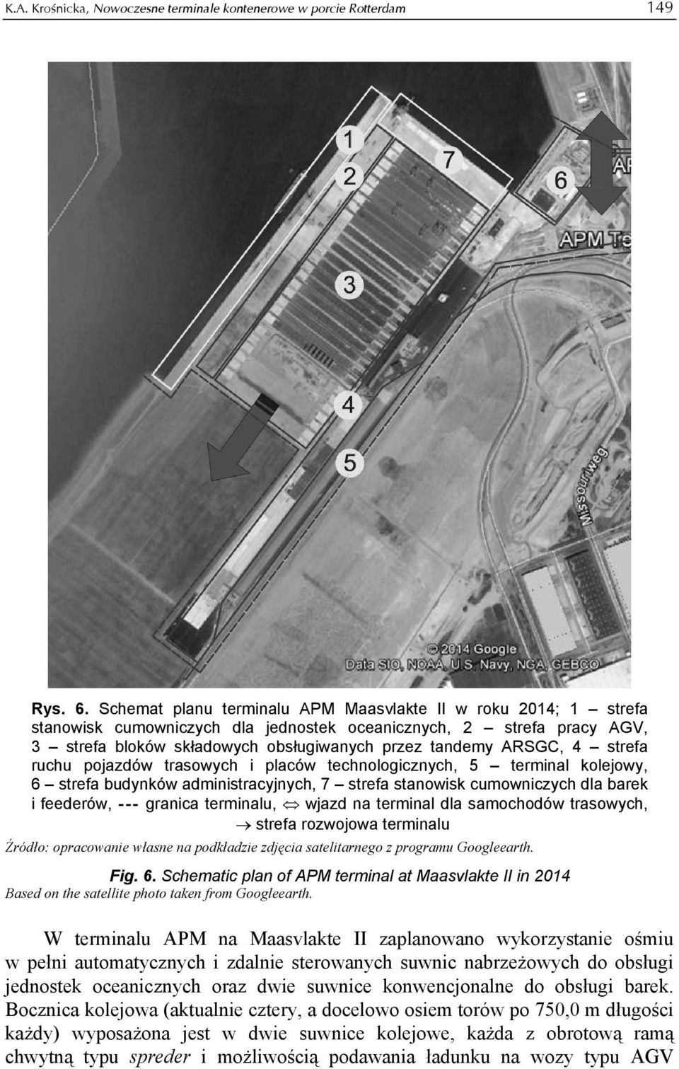 strefa ruchu pojazdów trasowych i placów technologicznych, 5 terminal kolejowy, 6 strefa budynków administracyjnych, 7 strefa stanowisk cumowniczych dla barek i feederów, - - - granica terminalu,