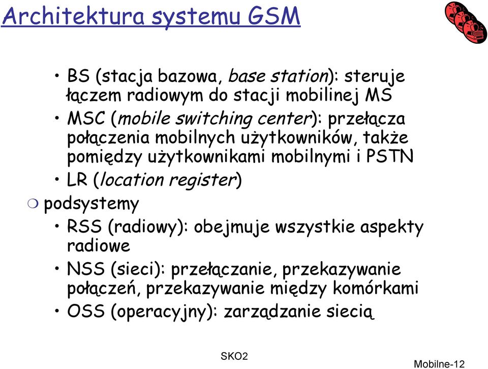 i PSTN LR (location register) podsystemy RSS (radiowy): obejmuje wszystkie aspekty radiowe NSS (sieci):