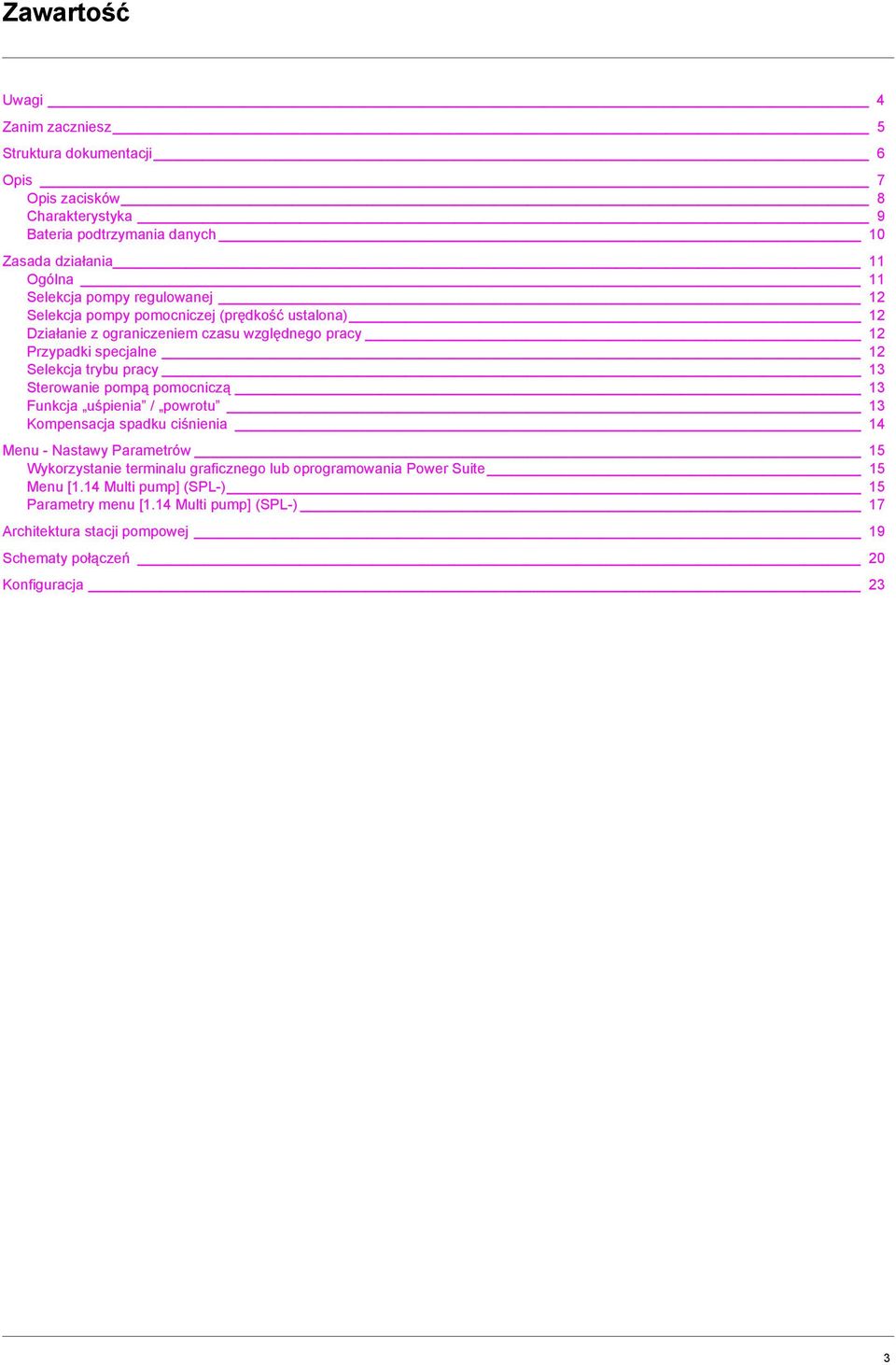 pracy 13 Sterowanie pompą pomocniczą 13 Funkcja uśpienia / powrotu 13 Kompensacja spadku ciśnienia 14 Menu - Nastawy Parametrów 15 Wykorzystanie terminalu graficznego