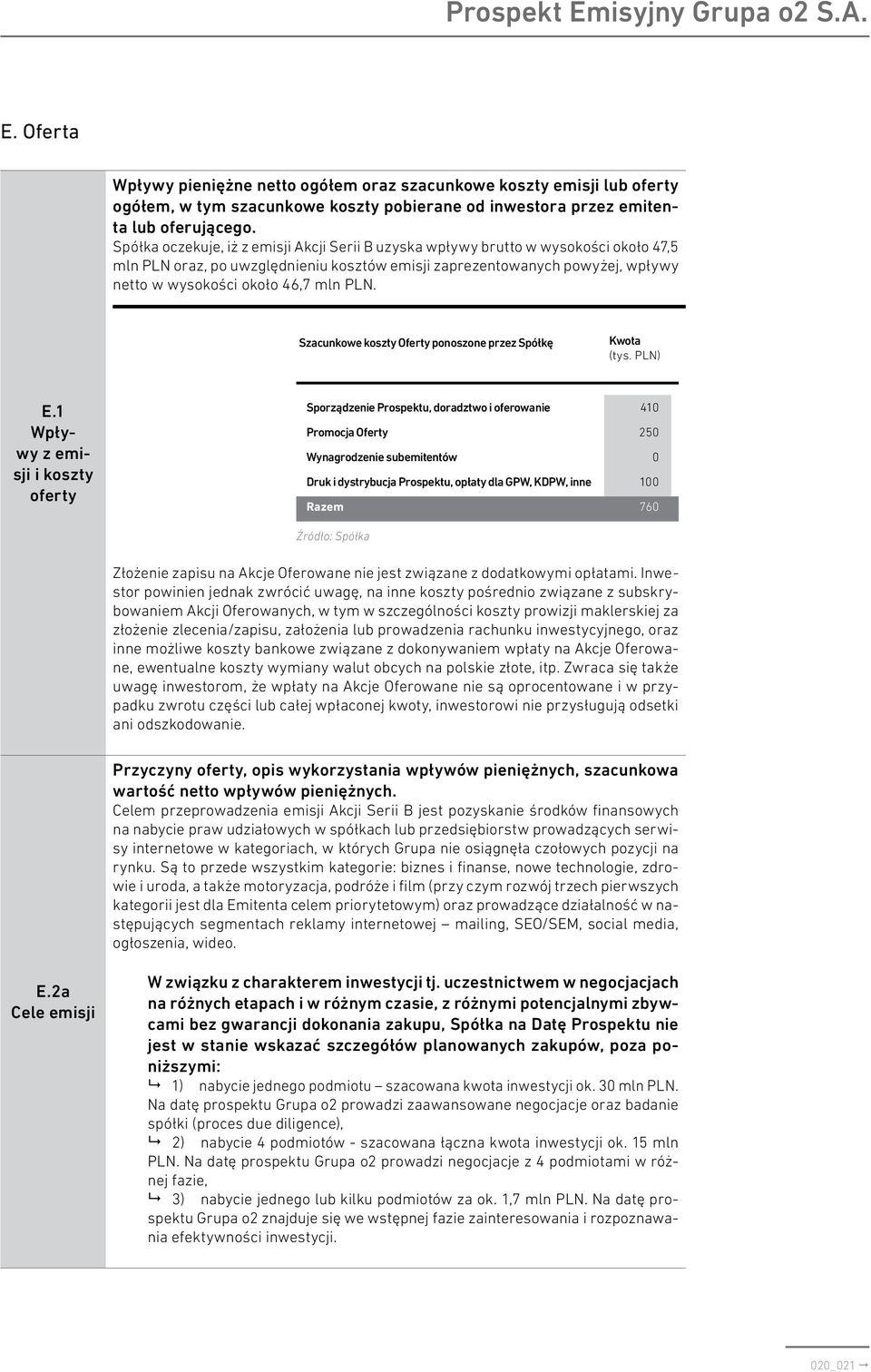 PLN. Szacunkowe koszty Oferty ponoszone przez Spółkę Kwota (tys. PLN) E.